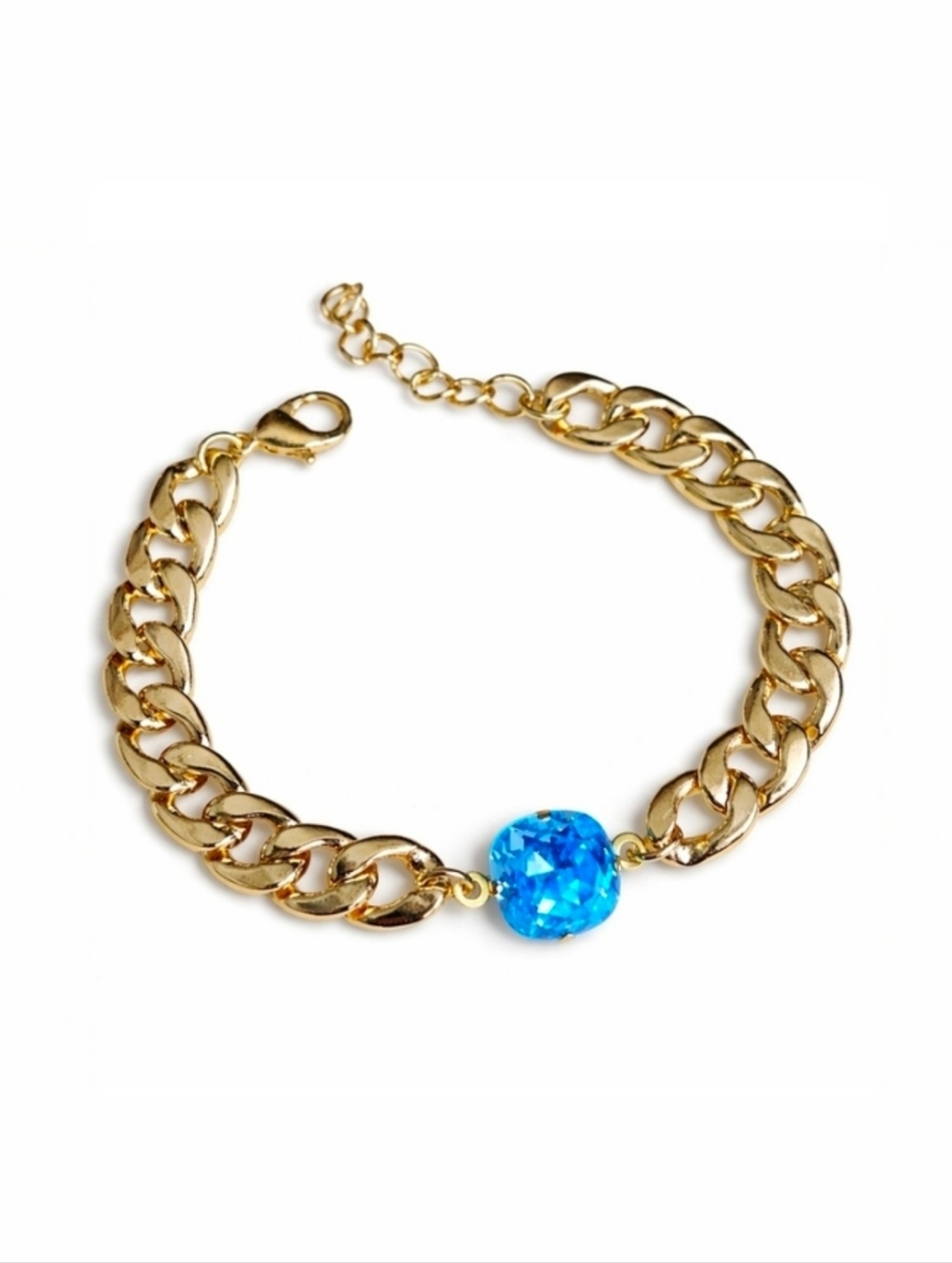 Chunky Gold Chain Bracelet with Light Sapphire Blue Crystal | Handmade